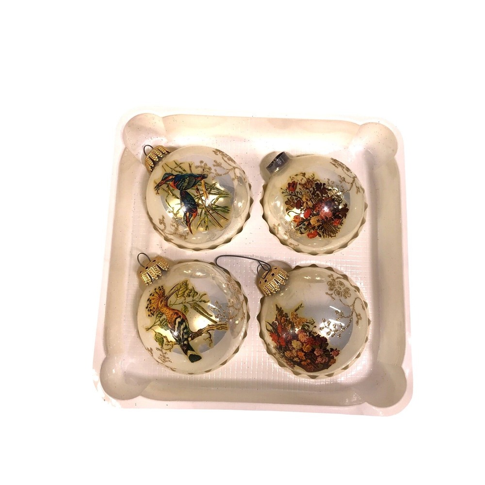 Set of‎ 4 Hand Decorated Glass Christmas Ornaments Birds Floral Designs